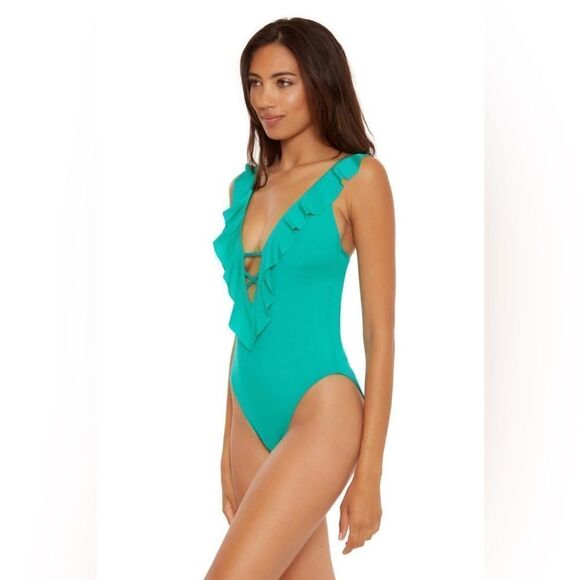 BECCA BY REBECCA VIRTUE LUCILLE RUFFLED LACE-UP ONE-PIECE SWIMSUIT - Picture 3 of 11